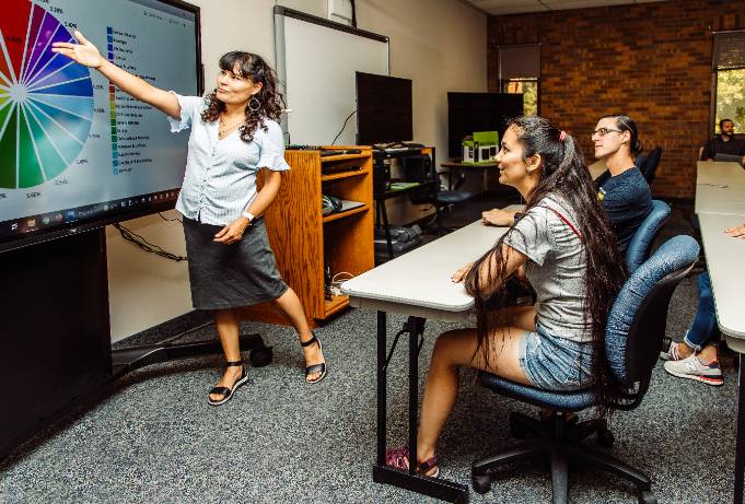 professor teaches business management class